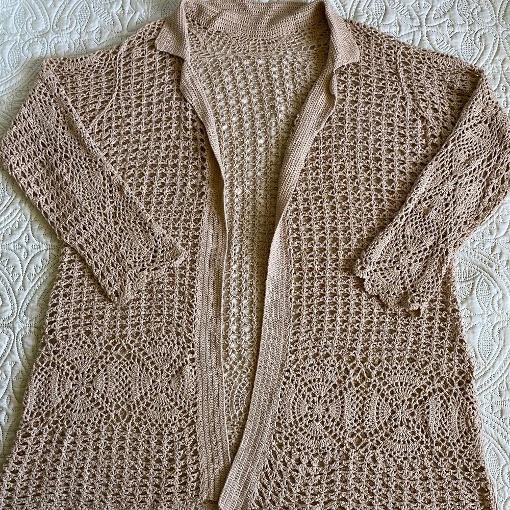 Tan Crotchet Sweater Cover Up EUC Sz L
